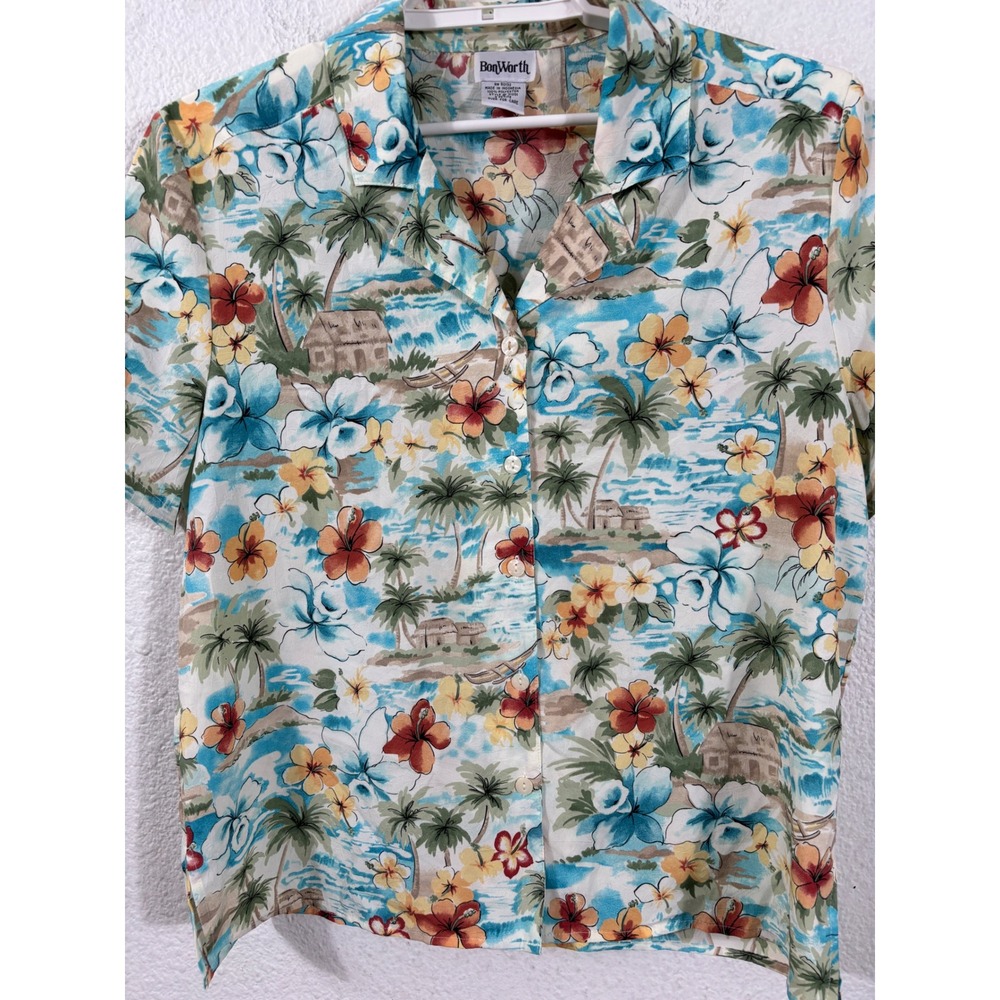BonWorth Hawaiian Shirt Womens Petite Large Blue Floral Vintage Tropical